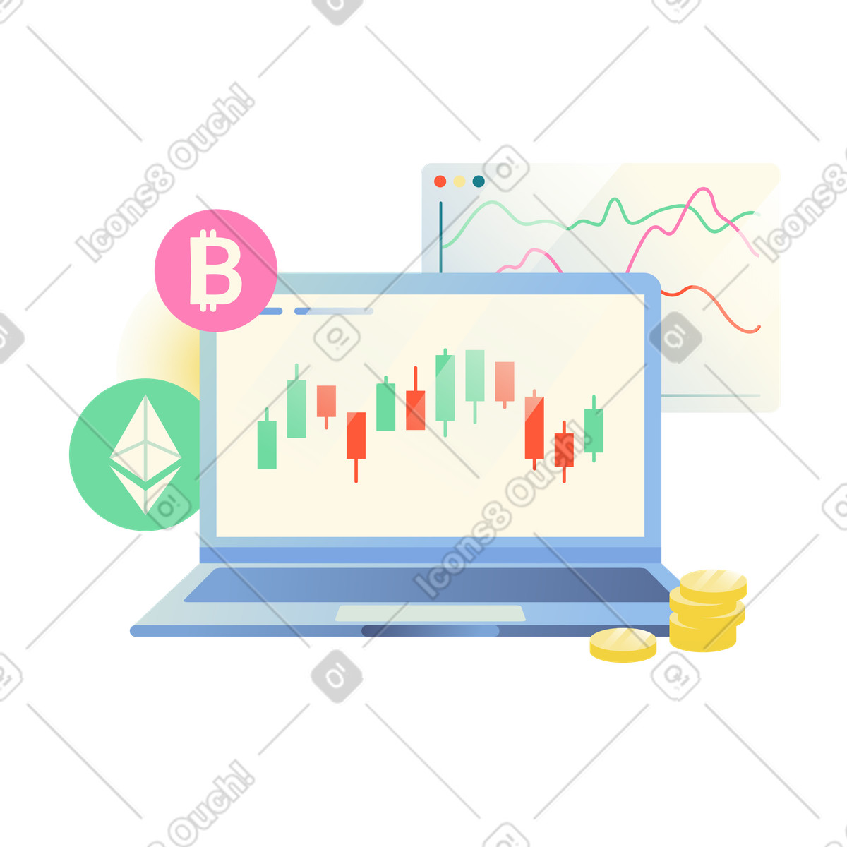 Cryptocurrency analytics and trading on laptop screen animated illustration in GIF, Lottie (JSON), AE