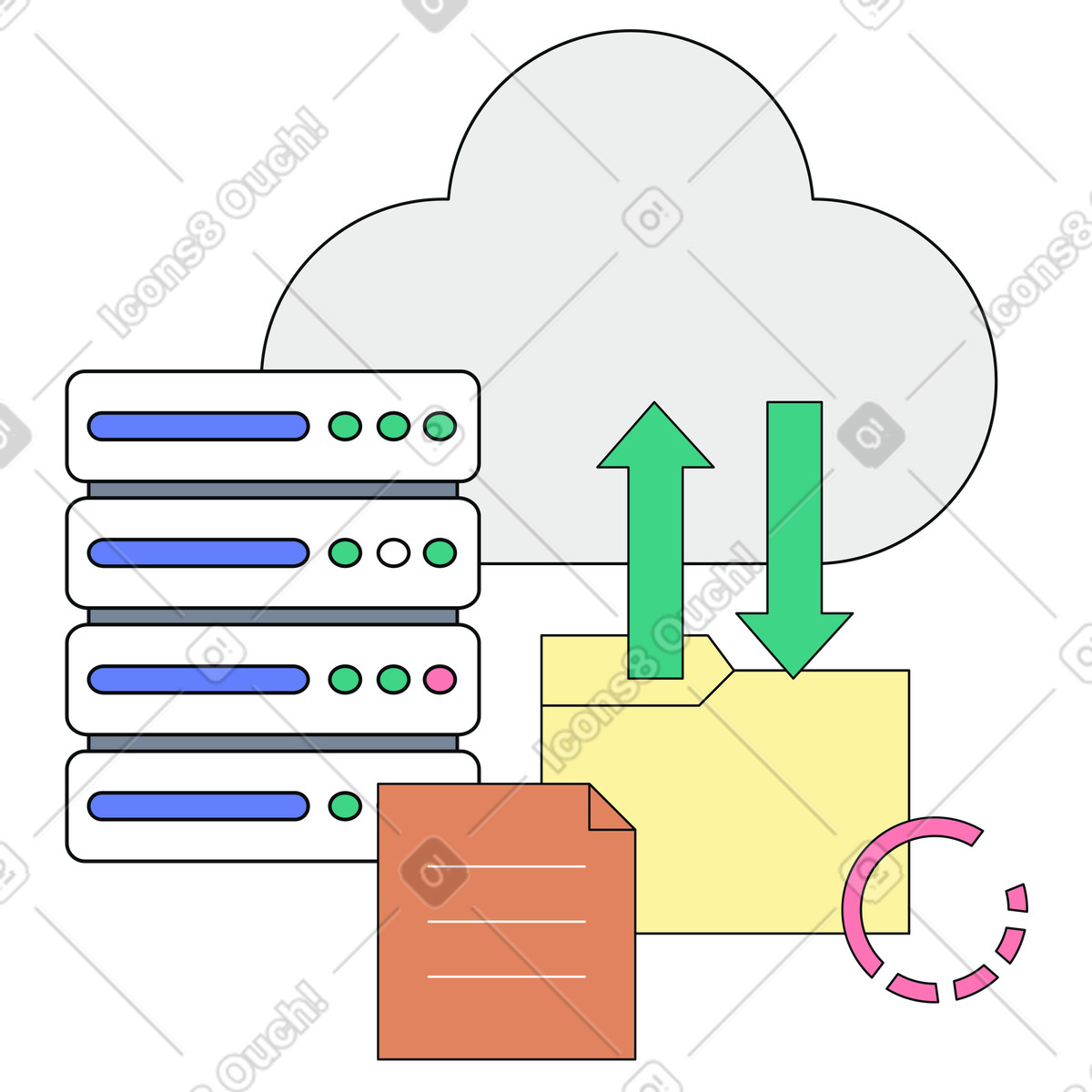 Illustration Stockage dans le cloud et gestion des données style Teko à télécharger aux formats PNG, SVG