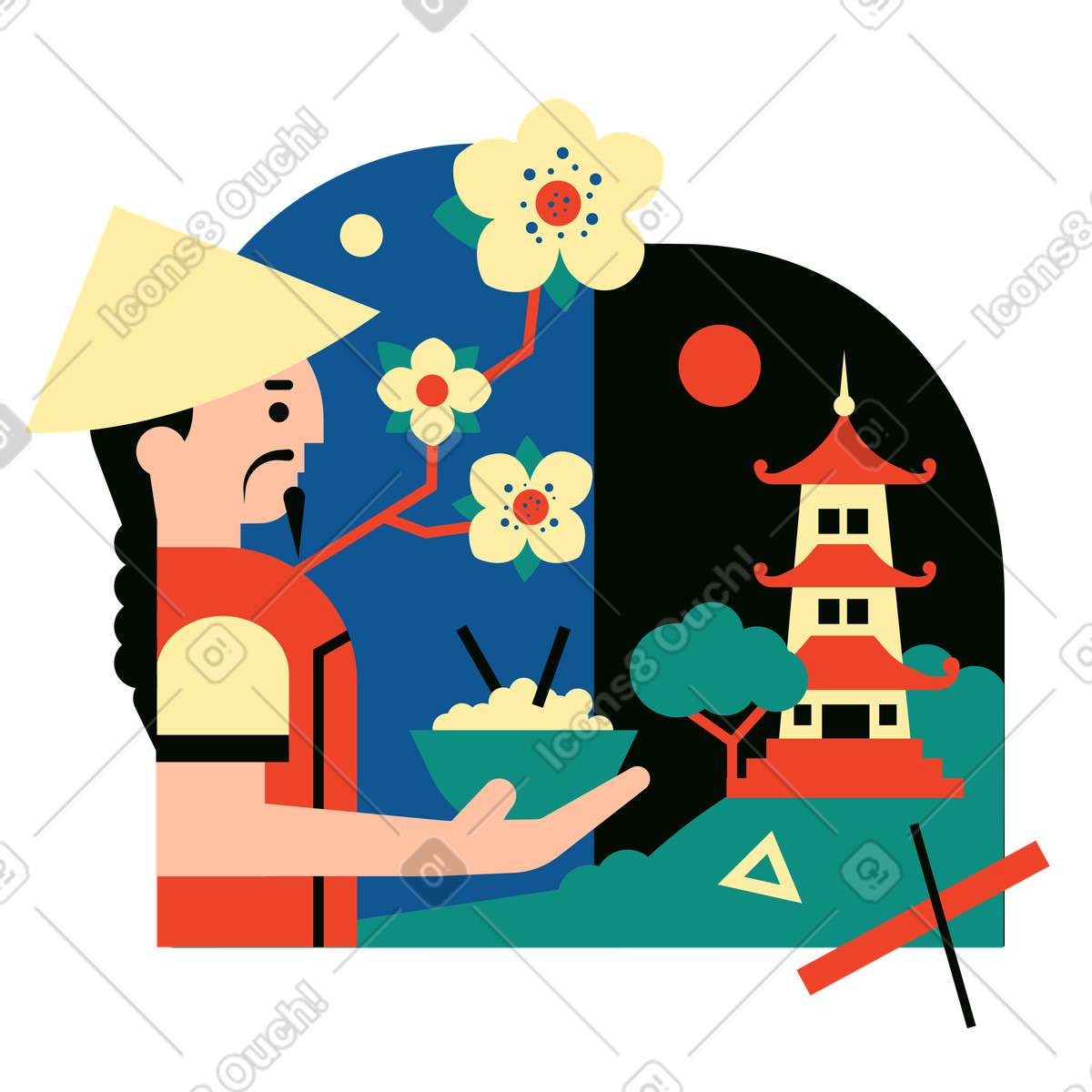 Ilustración Hombre con tazón de arroz admirando el paisaje chino en estilo Polar a descargar en PNG y SVG
