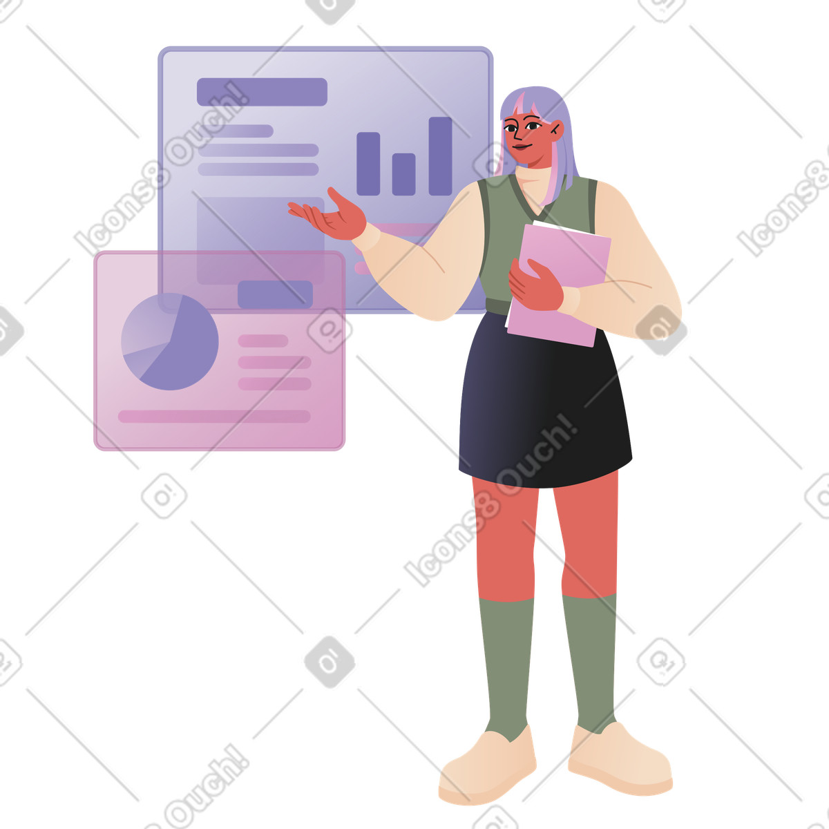 Woman giving business presentation with data analytics illustration in Coworking style download in PNG, SVG