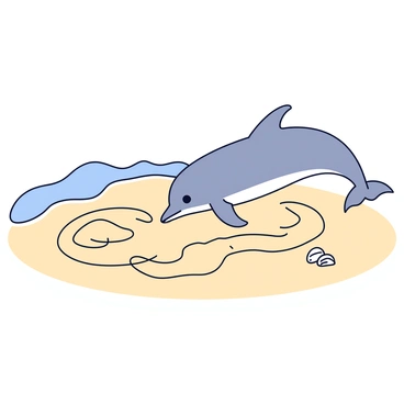 A dolphin with a smooth gray body is swimming near the shore. The dolphin is using its dorsal fin to draw intricate swirling patterns in the soft wet sand. The sand is light beige in color, glistening slightly from the water nearby. Small waves can be seen lapping at the shore, with a few scattered seashells around the area where the dolphin is drawing. The scene captures the playful interaction between the dolphin and the sand.