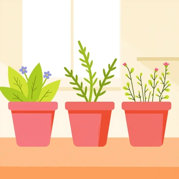 A home herb garden featuring three clay pots arranged in a row. The first pot contains "flowering basil" with bright green leaves and small purple flowers. The second pot holds "rosemary" with slender, needle-like leaves that have a rich green color. The third pot showcases "thyme" with small, round green leaves and delicate pink flowers. The pots rest on a wooden table, and the background is a sunlit kitchen, enhancing the fresh, homegrown atmosphere of the herb garden.