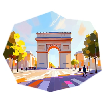 Early morning sunlight casts a soft glow on the "Arc de Triomphe," illuminating its intricate details and carvings. The monument stands proudly in the center of a wide intersection, surrounded by lush green trees and the gentle outlines of classic Parisian buildings in the background. A few early risers are walking along the pathways, while a calm blue sky with hints of orange and pink hues frames the scene. The sunlight creates gentle shadows that enhance the texture of the stone, highlighting its grandeur and historical significance.