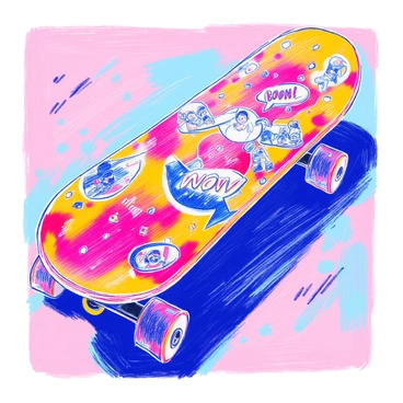 A skateboard is depicted with a bold design. The surface of the skateboard features bright colors such as red, yellow, and blue. Comic book elements are illustrated vividly, including speech bubbles with phrases like "Wow!" and "Boom!" There are dynamic action lines surrounding cartoon characters, emphasizing motion. The skateboard wheels are black, contrasting with the vibrant colors, and the grip tape is textured with a slight shine.