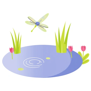 A dragonfly with iridescent green and blue wings is hovering gracefully above a calm pond. The surface of the pond is smooth and reflective, mirroring the colors of the sky and surrounding greenery. Small ripples spread out gently from the dragonfly's movement, creating a dynamic contrast with the stillness of the water. Lush green reeds and colorful water lilies are positioned along the edges of the pond, enhancing the serene environment.