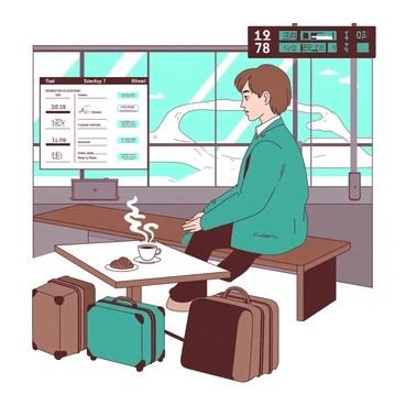 A traveler enjoying a quick fika with a coffee and pastry, seated at a train station