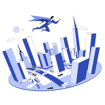 A superhero is flying at high speed above a bustling cityscape. The figure is clad in a tight-fitting costume with a bold emblem on the chest. The cape billows behind as the superhero zooms effortlessly through the sky. Below, the city is filled with tall skyscrapers of various architectural designs, casting long shadows on the streets. Cars are visible on the roads, with people moving about, creating a sense of liveliness. The sun is set low in the sky, indicating either dawn or dusk, which adds depth to the scene.