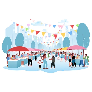 A lively street festival is taking place with numerous colorful stalls lining the streets. Vibrant bunting in various shades of red, blue, yellow, and green is crisscrossing above the crowd, creating a festive atmosphere. People of different ages are gathered, some holding balloons and others enjoying food from the stalls. Tables are filled with various treats, and a musician is playing lively tunes at one corner. Decorative lanterns hang down from the stalls, adding to the celebration. The background is filled with trees and buildings, enhancing the lively scene.