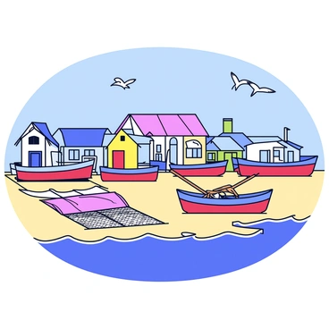 A small fishing village with quaint wooden houses painted in pastel colors. The village is situated by the seaside, with sandy shores and gentle waves lapping at the beach. Several fishing boats are moored along the dock, each painted in vibrant hues of blue and red. Nearby, fishing nets are spread out on the ground, with some nets hanging from a wooden beam. Seagulls are flying above, and a clear blue sky can be seen in the background.