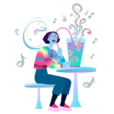 A whimsical character with oversized round glasses and a colorful, striped outfit is sitting at a small, round table. They are joyfully sipping from a large, transparent drink with a curved straw. As they take a sip, vibrant, swirling splashes of color erupt from the drink, forming musical notes and symbols that dance around them. The background features a playful assortment of floating musical instruments, adding to the lively atmosphere. The character's smile is wide, reflecting their delight at the colorful melodies in the air.