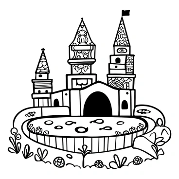 A fairytale castle with towers made of stacked books, each book displaying intricate titles and designs. The castle has a large, arched entrance leading to the main gate. Surrounding the castle is a moat filled with floating, gently rippling pages, creating a whimsical atmosphere. The scene includes winding pathways lined with small, detailed illustrations of fairy tale creatures and plants, adding to the enchanting setting.