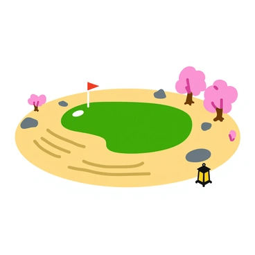A tranquil golf hole featuring a well-manicured green with a flag gently waving in the breeze. The hole is surrounded by a Japanese zen garden, showcasing meticulously raked sand patterns that create captivating geometric designs. Several smooth stones are placed strategically throughout the garden, adding to the peaceful atmosphere. Delicate cherry blossom trees bloom nearby, their pink petals contrasting beautifully with the sandy landscape. A small stone lantern stands at the edge of the garden, casting a soft shadow on the sand.