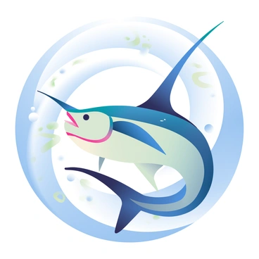 A sailfish with a vibrant blue body and long, billowing dorsal fin is caught in a swirling current, creating a water vortex around it. The sailfish has sharp, pointed features, and its scales glisten under the surface of the water. The vortex consists of clear, shimmering water that spirals around the fish, with bubbles and small debris being pulled into the swirling motion. Light refracts through the water, creating a soft gradient effect around the vortex, enhancing the dynamic movement of the scene.