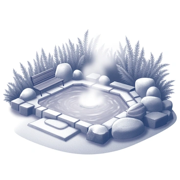 A natural hot spring is situated in an outdoor setting, surrounded by dense, lush greenery. The hot spring features gently steaming water that creates a soothing atmosphere. Large rocks and smooth boulders outline the spring, providing structure and a natural feel. Various plants and ferns frame the scene, enhancing the organic environment. A few wooden benches are placed nearby for relaxation, and a small pathway leads to the spring, guiding visitors to the tranquil location.