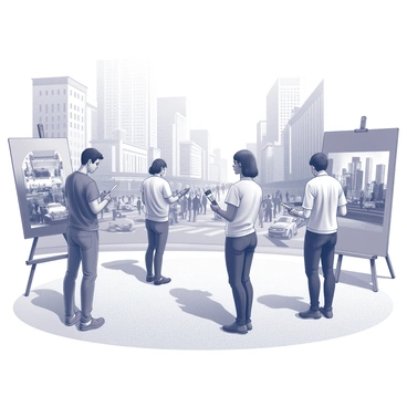 Artists using versatile brushes to capture a bustling cityscape
