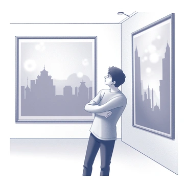 A person stands in front of a large painting displayed in a museum setting. The individual is gazing intently at the artwork, with a thoughtful expression on their face. Their arms are crossed in contemplation, and they appear to be deep in thought about the painting's meaning. The background features a neutral wall that highlights the artwork, and the museum's polished floor reflects the soft light coming from overhead fixtures. The scene captures the intensity of the moment, with the individual fully engaged in the experience of art appreciation.