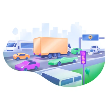 A modern pastel illustration depicting a "parcel truck" stuck in traffic. The truck is surrounded by various "cars" and "buses," all caught in a congested scene on a "busy highway." The vehicles are painted in a range of pastel colors, creating a soft visual contrast against the grey concrete of the highway. In the foreground, there are "traffic lights" showing red, and "road signs" indicating slow traffic ahead. The sky above is a light blue, and there are faint outlines of tall buildings in the background.