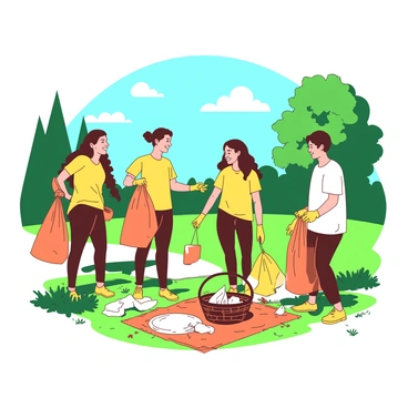 A yellow group of volunteers is working together to clean a green park. Some of the volunteers are holding orange trash bags filled with litter, while others are picking up trash from the ground with gloves on. In the background, there are trees and a clear blue sky. The volunteers are smiling and chatting, showing camaraderie as they enjoy their time outdoors. A picnic blanket with a basket is set up nearby, indicating a planned break for refreshments after their hard work.