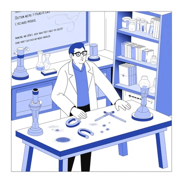 An old-fashioned scientist is standing at a wooden workbench in a vintage laboratory. The scientist has a long coat and spectacles, with a thoughtful expression as he examines a collection of various magnets laid out before him. On the bench, there are iron filings scattered around, and a large brass compass is positioned next to a set of glass beakers filled with liquid. Shelves in the background are lined with dusty books and jars containing mysterious substances. A chalkboard displays handwritten notes and diagrams related to magnetic fields. The soft glow from a gas lamp illuminates the workspace, casting shadows around the room.