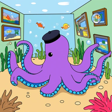 A cartoon octopus with vibrant purple and blue skin is curating an art gallery located on the ocean floor. The octopus is depicted with large, expressive eyes and wearing a tiny black beret atop its head. It has eight colorful tentacles, each one playfully interacting with different pieces of artwork. Surrounding the octopus are various framed paintings displayed on coral-like walls, showcasing colorful underwater scenes, fish, and abstract designs. Brightly colored seaweed and bubbles float around the gallery, adding to the lively atmosphere. In the background, playful fish swim past alongside some swaying starfish.