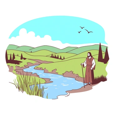 A sweeping landscape of the wilderness with rolling hills and scattered trees under a clear blue sky. In the distance, there is a figure of "John the Baptist" wearing a simple robe, standing by the edge of a small stream. The stream reflects the colors of the sky, and a few birds can be seen flying above. The tall grass sways gently in the breeze, creating a sense of tranquility in the vast, open space.