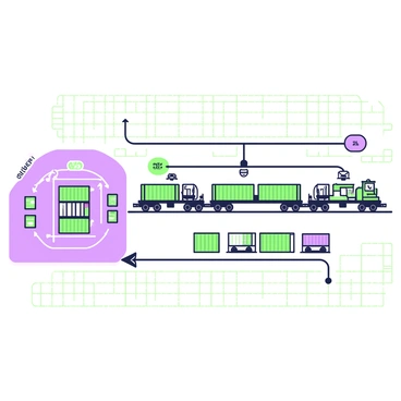 A logistics diagram illustrating freight train operations is displayed prominently. The focal point is a freight train consisting of multiple cargo cars connected in a line. To the left, there are designated cargo loading zones outlined with clear boundaries. Each loading zone contains containers stacked neatly, with cranes positioned nearby for loading and unloading. Arrows indicate the movement of goods and the train’s route, detailing various operational aspects. There are labels for each zone, denoting their specific functions, and a background grid enhances the organization of the layout.