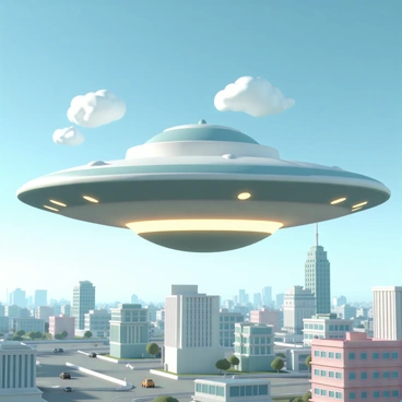 A flying saucer, designed to resemble a skibidi toilet, hovers above a bustling city. The saucer features a glossy finish with intricate details that mimic the curves and shape of a toilet bowl. Bright lights illuminate its underside, casting a soft glow on the buildings below. Skyscrapers and residential buildings dot the cityscape, with cars moving along the streets. The sky is a vibrant blue, punctuated by a few fluffy white clouds, creating a stark contrast to the metallic saucer as it hovers effortlessly above the urban scene.