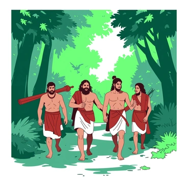 Five figures, representing the Pandavas, are walking through a dense green forest. Each Pandava is dressed in traditional attire, showcasing elements of ancient Indian clothing. The first figure, Yudhishthira, walks with a calm demeanor, his expression thoughtful. Next to him is Bhima, who appears strong and robust, carrying a large mace over his shoulder. Arjuna follows closely, with a bow slung across his back, showcasing his warrior spirit. Nakula and Sahadeva walk alongside, engaged in conversation, their expressions reflecting camaraderie. 

The forest is lush, filled with tall trees and thick underbrush, creating a vibrant, natural canopy above. Sunlight filters through the leaves, casting dappled shadows on the forest floor. Around them, various shades of foliage create depth, while the sound of rustling leaves and distant wildlife adds to the atmosphere. The overall scene captures the essence of adventure and resilience during their time in exile.