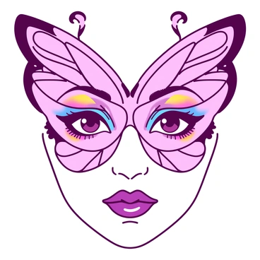 A close-up of a face adorned with a delicate "butterfly mask" intricately designed with delicate patterns. The mask has details that mimic butterfly wings, enhancing the eyes. The makeup is vibrant, featuring bright "colors" around the eyes and on the lips, creating a striking contrast. The skin has a flawless appearance, emphasizing the artistic elements of the makeup. The background is softly blurred, highlighting the face as the focal point of the image.