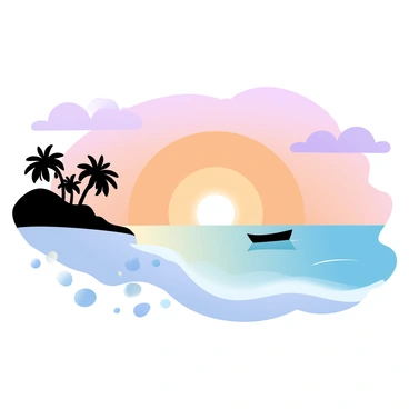 A beach scene during sunset with gentle waves lapping at the shore. The horizon is painted in vibrant "oranges" and "purples," blending seamlessly into the sky above. Silhouettes of a few palm trees stand along the beach, their outlines stark against the colorful sky. In the foreground, there are smooth pebbles scattered along the sand, reflecting the warm hues of the sunset. A small boat is anchored near the shore, resting quietly on the water.