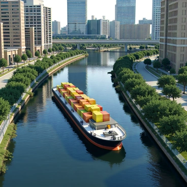 An aerial view of a large barge with a flat deck and a colorful cargo, navigating through a complex network of urban waterways. The barge moves through a series of interconnected canals and rivers, surrounded by buildings with various architectural styles, including modern skyscrapers and older brick structures. The waterway is lined with greenery, with trees and shrubs along the banks. Reflections of the buildings and trees are visible on the water's surface, creating a vibrant scene. The image captures the dynamic interaction between the barge and the urban landscape.