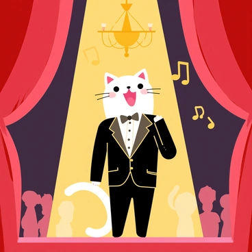 A cartoon cat with fluffy white fur and big expressive eyes is dressed in formal opera attire, including a black tuxedo and a bow tie. The cat stands on a grand stage illuminated by bright golden lights, with red velvet curtains framing the background. Its mouth is open wide as it sings passionately, and musical notes float in the air around it. The stage is adorned with a large ornate chandelier hanging above, adding to the theatrical ambiance. A small audience can be seen in the dimly lit background, eagerly watching the performance.