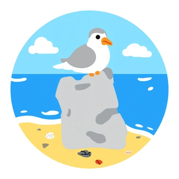 A white seagull with a gray head is perched on a slowly dissolving limestone statue. The statue depicts a classical figure, partially eroded and showing signs of weathering. The background features a bright blue sea with gentle waves lapping at the shore. The sunlight reflects off the water's surface, creating sparkling highlights. Nearby, a few scattered seashells and pieces of coral are visible on the sandy beach. The sky above is clear with a few fluffy white clouds.