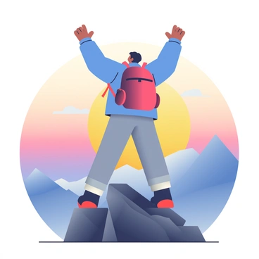 A person with medium brown skin is standing triumphantly on a rocky mountain summit at sunrise. They are wearing a blue jacket and gray hiking pants, with a red backpack resting on the ground beside them. The person's arms are raised in victory, and they have short black hair. Behind them, the sky is filled with soft hues of orange, pink, and purple as the sun rises on the horizon. The rugged mountain landscape stretches into the distance, with jagged peaks and valleys bathed in the warm light of dawn.