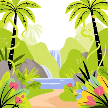 A lush tropical jungle scene filled with various vibrant green plants and twisting vines. Tall palm trees with large fronds rise prominently, casting dappled light on the forest floor. Brightly colored flowers in shades of red, yellow, and blue dot the landscape, adding splashes of color among the greenery. Thick, leafy vines hang down, intertwining with branches and climbing upwards. A soft, winding path made of brown earth meanders through the scene, leading deeper into the jungle. In the background, a waterfall cascades down rocks, creating a shimmering pool at the base.