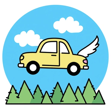 A cartoon car with rounded edges and vibrant colors, featuring large, feathered wings extending from its sides. The car is hovering above a dense forest, showcasing a variety of green trees below. The sky is a bright blue, with fluffy white clouds scattered across it. The car is positioned diagonally, giving the impression of flight as it glides gracefully through the air.