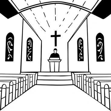 A spacious modern church interior with high ceilings and sleek architectural lines. The preacher stands confidently at the pulpit, engaged in delivering a sermon. Stained glass windows of intricate designs are positioned along the walls, displaying various patterns. Rays of light from the stained glass create a beautiful contrast with the black and white tones of the interior, casting distinctive shadows on the polished floor. Rows of simple wooden pews are arranged neatly facing the pulpit, completing the serene atmosphere of the space.