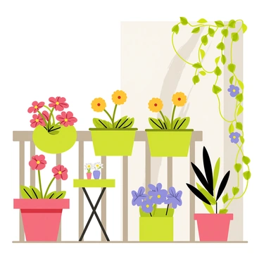 A small urban balcony garden features an assortment of potted flowers in various shapes and vibrant colors. The balcony has a wooden railing with decorative green planters hanging from it. Bright red geraniums sit in a round pot beside yellow daisies in a square container, while purple petunias drape elegantly from a tall rectangular planter. A green vine climbs up the side of the balcony, intertwining with the colorful flowers. A cozy seating area with a small round table is positioned in the corner, adorned with a single white flower in a tiny vase. Soft sunlight casts gentle shadows across the balcony, enhancing the lively scene.