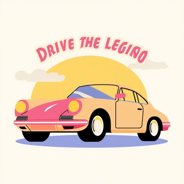 A vintage-styled poster featuring a sports car in the center, specifically a sleek Porsche 911 with its iconic rounded front and smooth curves. The car is positioned at an angle to showcase its profile, with the sun setting in the background casting warm, golden light. Above the car, in bold and retro typography, are the words "Drive the Legend." The poster has faded edges and a soft color palette to enhance the nostalgic feel.