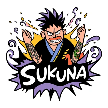 A character with an intense expression, detailed facial features, and sharp fangs. He has wild, spiky hair in shades of dark purple and black. His outfit consists of a traditional Japanese robe that is partially torn, revealing muscular arms covered in intricate tattoos. The background is dynamic, featuring swirling energy and abstract patterns that suggest movement and power. "Sukuna" is displayed prominently in a bold font, with dramatic angles and highlights emphasizing his fierce demeanor.