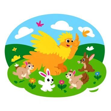 A large griffon with golden feathers and a majestic wingspan is playfully interacting with a group of small animals in a lush green meadow. The griffon has bright, expressive eyes and a friendly demeanor. Surrounding the griffon are several small creatures, including a curious rabbit with soft, white fur, a playful squirrel with a fluffy tail, and a tiny hedgehog with spiky quills. The meadow is filled with colorful wildflowers, with butterflies fluttering around. In the background, there are gentle rolling hills and a clear blue sky dotted with fluffy white clouds. The scene captures a sense of joy and camaraderie among the creatures.