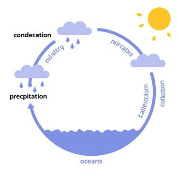 An educational diagram illustrating the "water cycle." The diagram features a circular flow, starting with "evaporation" at the bottom, where water transforms into vapor. Above this, "condensation" is depicted as water vapor cools and forms clouds. Next, "precipitation" is represented with raindrops falling from the clouds back to the ground. At the bottom, "collection" shows water gathering in rivers, lakes, and oceans. Each stage is surrounded by clear labels, highlighting the key processes of the water cycle. The background is light blue, symbolizing the sky, with a sun positioned at the top corner.
