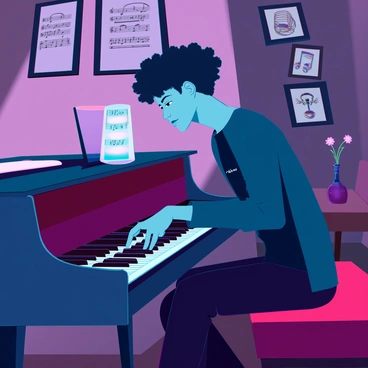 A pianist with medium brown skin and curly hair is seated at a polished grand piano. His fingers are elegantly dancing over the keys, creating an improvisational jazz piece. The room is dimly lit, with soft, warm light illuminating the pianist's focused expression. Shadows are cast by nearby furniture, creating a cozy atmosphere. In the background, there are vintage music notes framed on the walls and a small vase with fresh flowers on a nearby table, adding to the intimate setting.