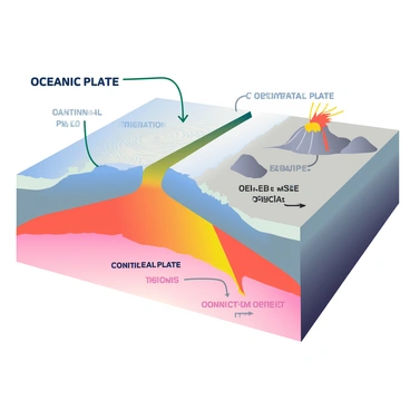An illustration depicts a tectonic boundary with two large plates, one labeled "Oceanic Plate" and the other "Continental Plate." The oceanic plate is shown being pulled downwards at the boundary, demonstrating the concept of slab pull. Arrows indicate the direction of tension forces acting on the plates. Beneath the oceanic plate, there is a depiction of the mantle, displaying convection currents with swirling patterns. The surface of the continental plate is represented with mountainous regions and a volcano, highlighting geological activity. The background features a gradient of blue and gray, illustrating the depth of the earth's layers.