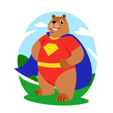 A capybara wearing a bright red superhero costume with a yellow emblem on its chest stands upright, striking a heroic pose. The costume features a flowing blue cape that billows behind the capybara. Its eyes are wide and confident, showcasing a determined expression. The background is a simple, vibrant green, resembling a park setting with a soft blue sky above.