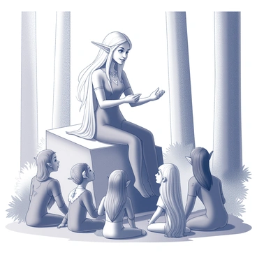 Galadriel is seated gracefully on a large, intricately carved stone. She has long flowing hair, adorned with delicate, nature-inspired accessories. A group of young elves, with pointed ears and bright, curious expressions, gathers around her, eagerly listening. The forest surrounds them, with tall trees and soft foliage creating a serene atmosphere. Galadriel's hands are gesturing as she shares stories, her face illuminated with a gentle smile. The young elves are seated on the ground, their eyes wide with fascination as they absorb her ancient wisdom. The scene conveys a sense of connection and learning amidst the beauty of the natural world.