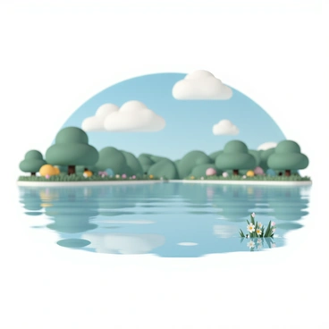 A calm lake with clear water, surrounded by vibrant green trees and shrubs. The surface of the lake mirrors the fluffy white clouds scattered across a bright blue sky. In the foreground, a few wildflowers add pops of color to the lush greenery surrounding the water. The scene conveys tranquility, with the gentle ripples on the lake's surface enhancing the peaceful atmosphere.