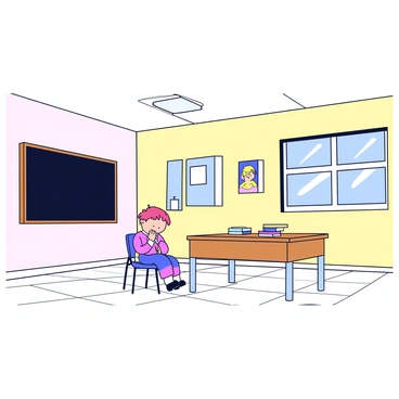 An empty classroom with a single occupied desk, where a child sits alone