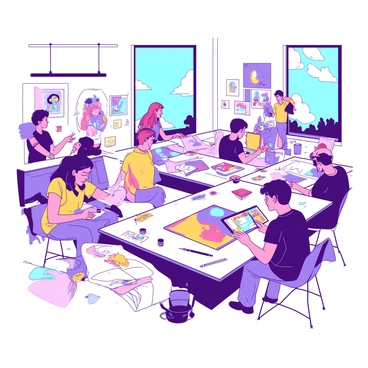 A bright studio filled with illustrators working on their projects. Several artists are seated at large tables, each with their own materials scattered around, including sketchbooks, colored pencils, and digital tablets. One illustrator is intensely focused on a large canvas, their brush strokes visible as they paint. Another artist is discussing ideas with a colleague, gesturing animatedly while holding a sketch. The walls of the studio are adorned with vibrant artwork, and large windows allow natural light to flood the space. In one corner, a group is gathered around a digital screen, sharing feedback on a collaborative project. The overall atmosphere is dynamic and creative, showcasing the energy of teamwork.