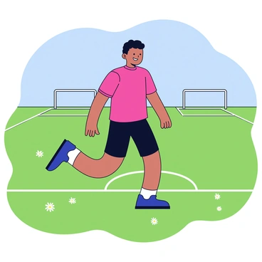 A person performing calf raises on the sidelines of a grassy sports field. The individual has short black hair and is wearing a bright red T-shirt and black athletic shorts. The person stands on the tips of their toes, with their arms relaxed by their sides. The sports field is lined with white boundary markers, and there are a few scattered patches of daisies in the grass. In the background, there are goalposts at either end of the field, and a clear blue sky overhead.